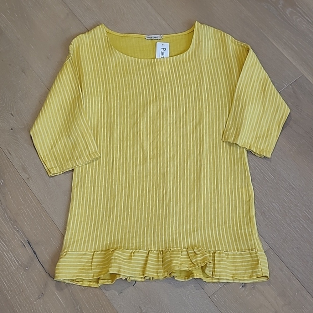 NWT Lungo L'arno Blouse Women's S 100% Linen Mustard Yellow Stripe 1/2 Sleeve